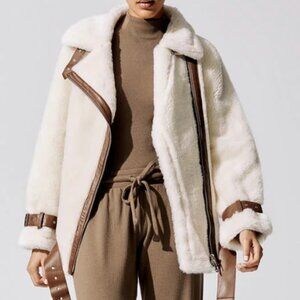 Stand Studio Colleen Sherpa Moto Jacket Off White/Brown, 36, Worn Once